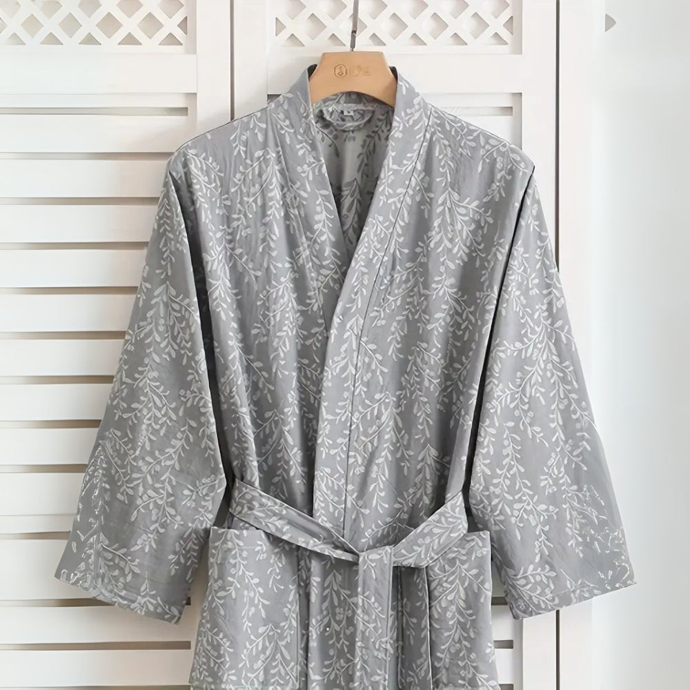 Jacquard Cotton Bathrobe with V-Neck and Adjustable Tie Belt