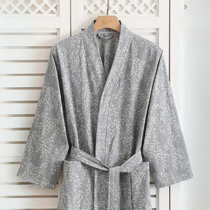Jacquard Cotton Bathrobe with V-Neck and Adjustable Tie Belt