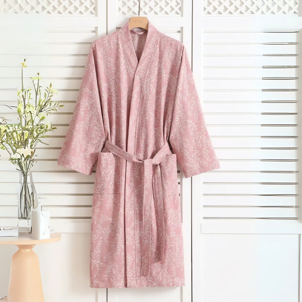 Jacquard Cotton Bathrobe with V-Neck and Adjustable Tie Belt