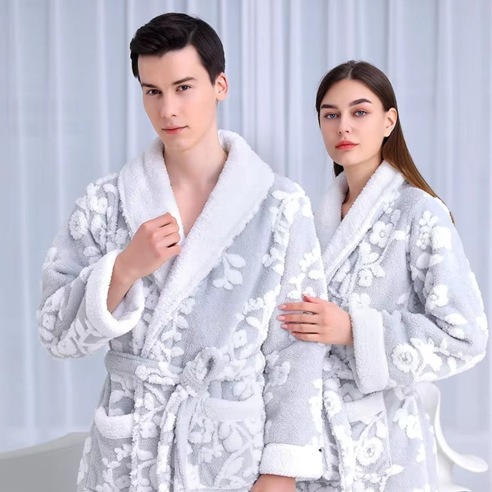 Jacquard Double-Layer Bathrobe with Coral Fleece Interior and Full-Length Sleeves