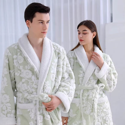 Jacquard Double-Layer Bathrobe with Coral Fleece Interior and Full-Length Sleeves