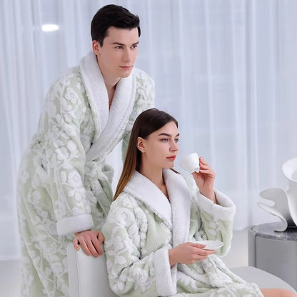 Jacquard Double-Layer Bathrobe with Coral Fleece Interior and Full-Length Sleeves