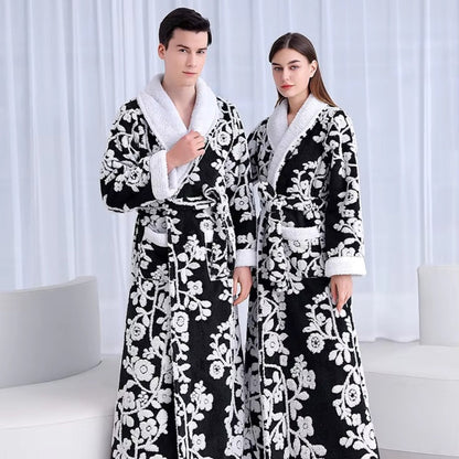 Jacquard Double-Layer Bathrobe with Coral Fleece Interior and Full-Length Sleeves