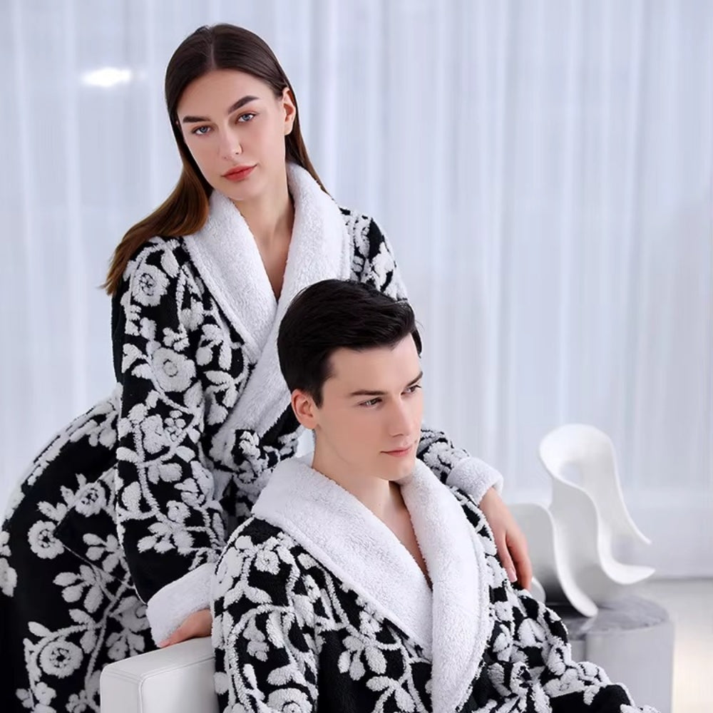 Jacquard Double-Layer Bathrobe with Coral Fleece Interior and Full-Length Sleeves