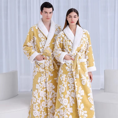 Jacquard Double-Layer Bathrobe with Coral Fleece Interior and Full-Length Sleeves