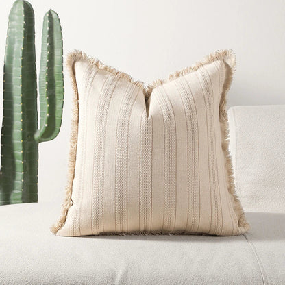 Jacquard Striped Cushion Cover with Fringe Detail