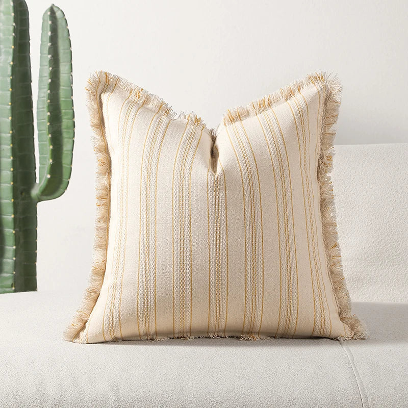 Jacquard Striped Cushion Cover with Fringe Detail