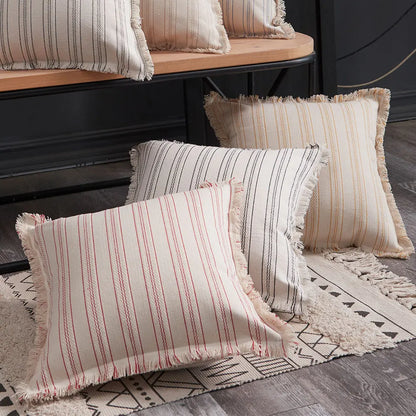 Jacquard Striped Cushion Cover with Fringe Detail