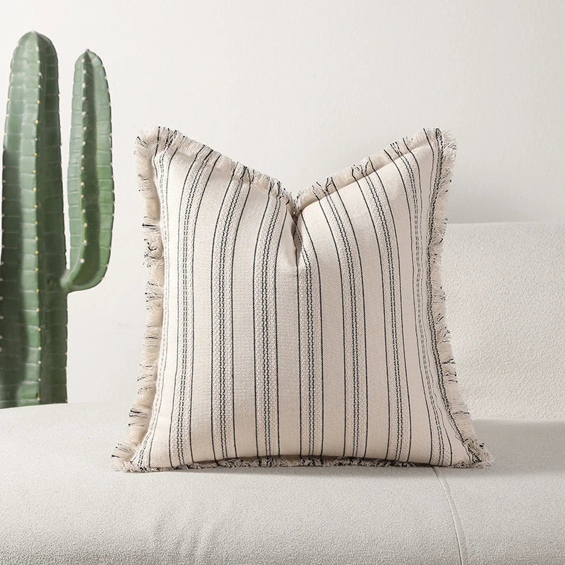 Jacquard Striped Cushion Cover with Fringe Detail