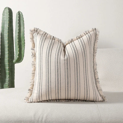 Jacquard Striped Cushion Cover with Fringe Detail