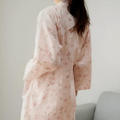 Japanese-Inspired Cotton Robe with Adjustable Waist Belt and Floral Design