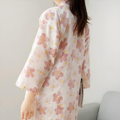 Japanese-Inspired Cotton Robe with Adjustable Waist Belt and Floral Design