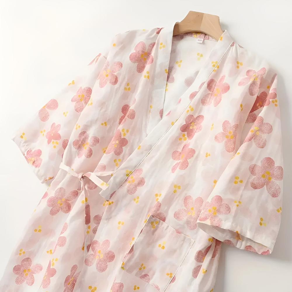 Japanese-Inspired Cotton Robe with Adjustable Waist Belt and Floral Design