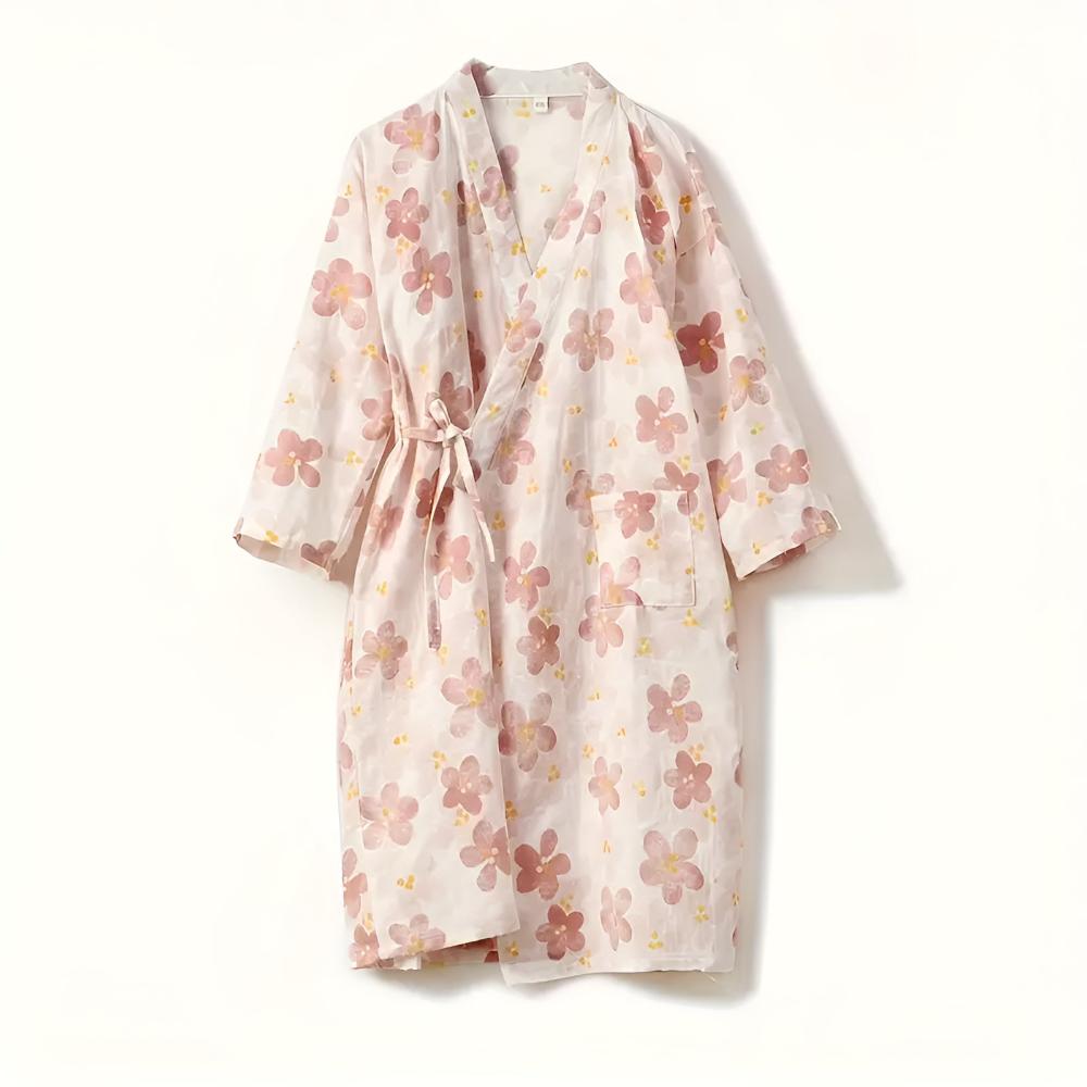 Japanese-Inspired Cotton Robe with Adjustable Waist Belt and Floral Design