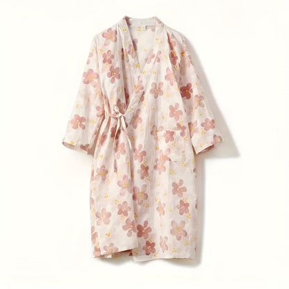 Japanese-Inspired Cotton Robe with Adjustable Waist Belt and Floral Design