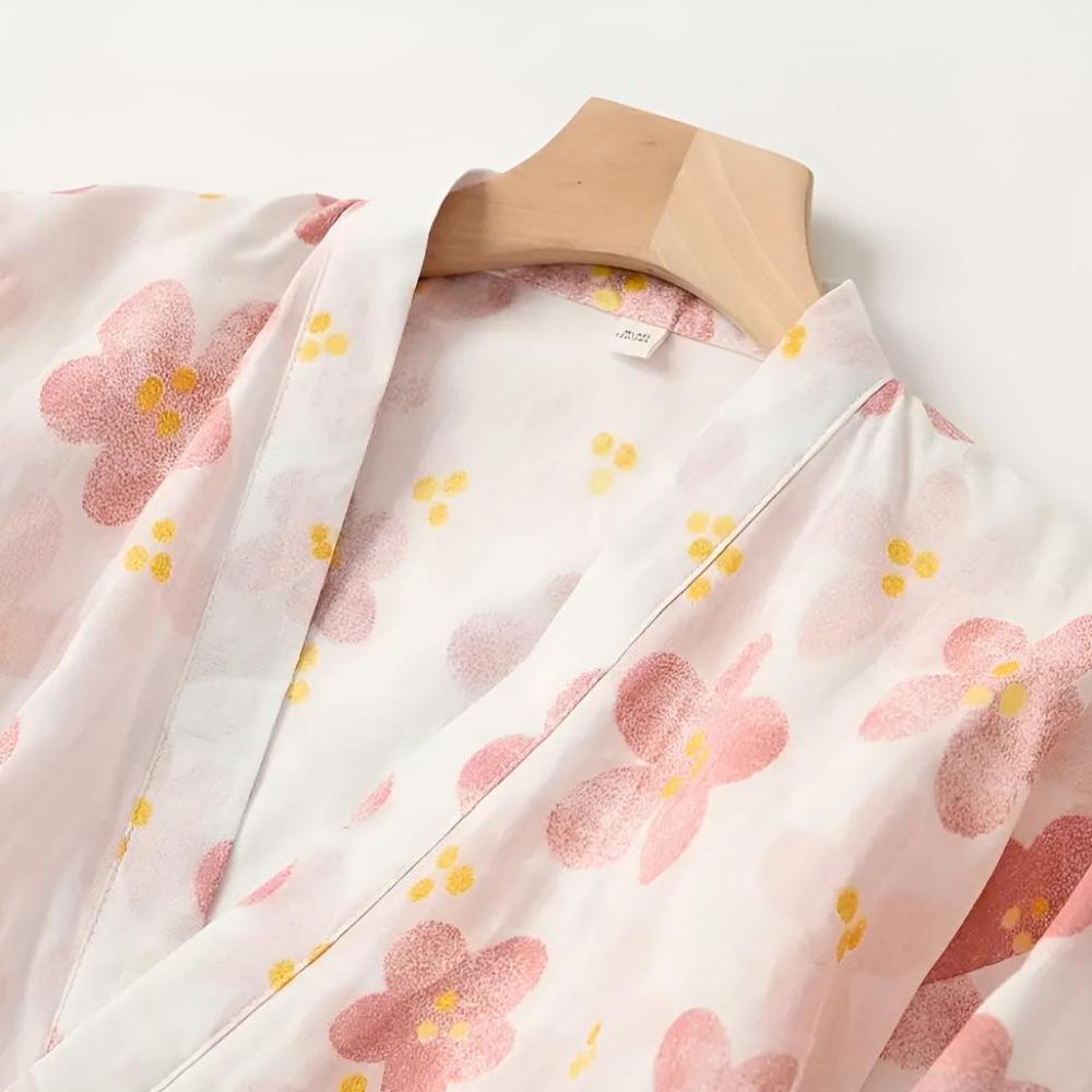 Japanese-Inspired Cotton Robe with Adjustable Waist Belt and Floral Design