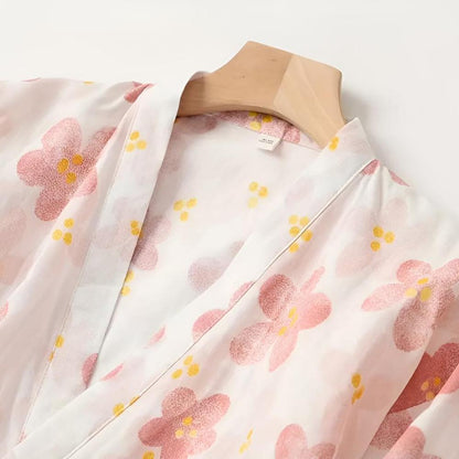 Japanese-Inspired Cotton Robe with Adjustable Waist Belt and Floral Design