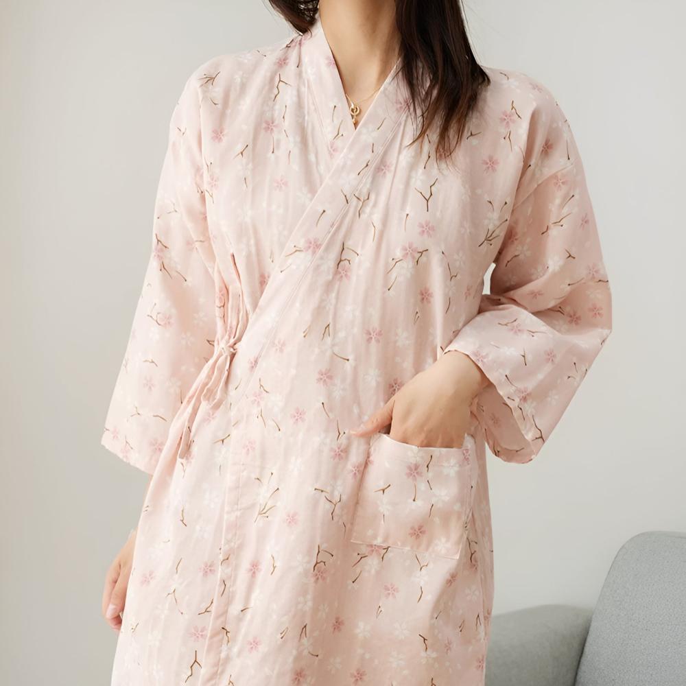 Japanese-Inspired Cotton Robe with Adjustable Waist Belt and Floral Design