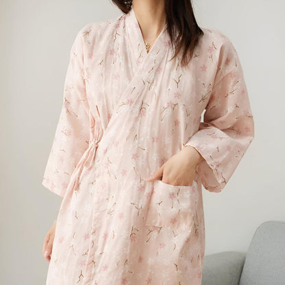 Japanese-Inspired Cotton Robe with Adjustable Waist Belt and Floral Design