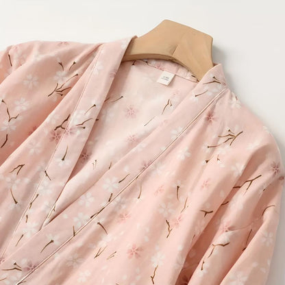 Japanese-Inspired Cotton Robe with Adjustable Waist Belt and Floral Design