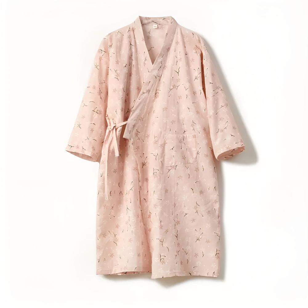 Japanese-Inspired Cotton Robe with Adjustable Waist Belt and Floral Design