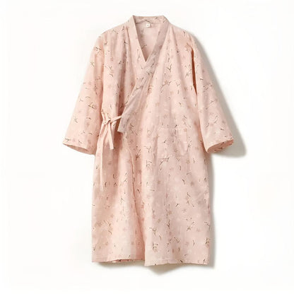 Japanese-Inspired Cotton Robe with Adjustable Waist Belt and Floral Design