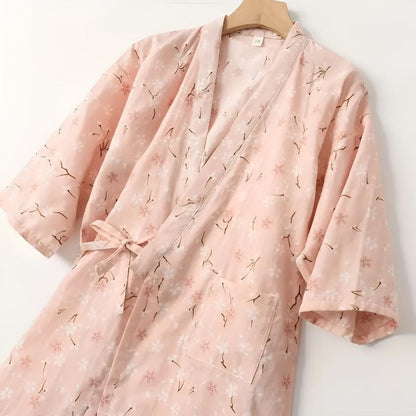 Japanese-Inspired Cotton Robe with Adjustable Waist Belt and Floral Design