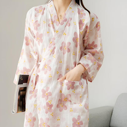 Japanese-Inspired Cotton Robe with Adjustable Waist Belt and Floral Design