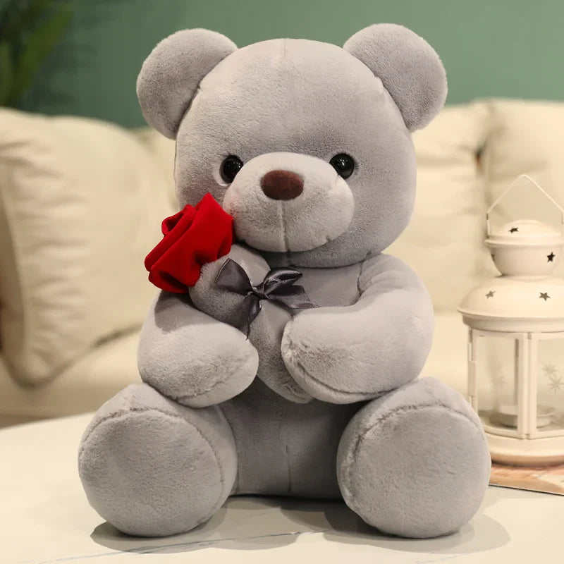 Kawaii Plush Bear Holding a Rose – Soft Decorative Gift