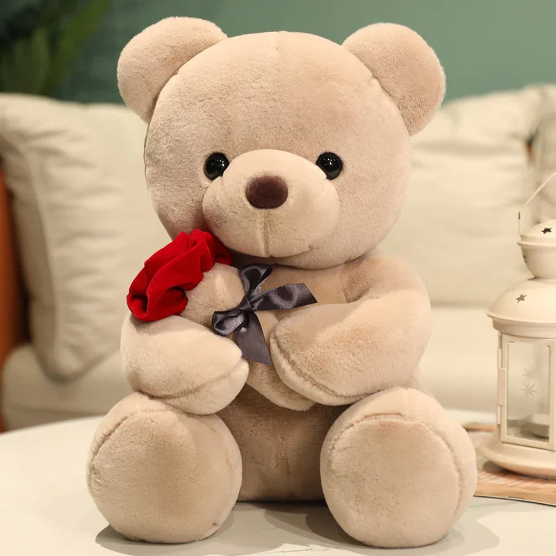 Kawaii Plush Bear Holding a Rose – Soft Decorative Gift