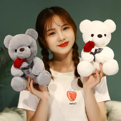 Kawaii Plush Bear Holding a Rose – Soft Decorative Gift