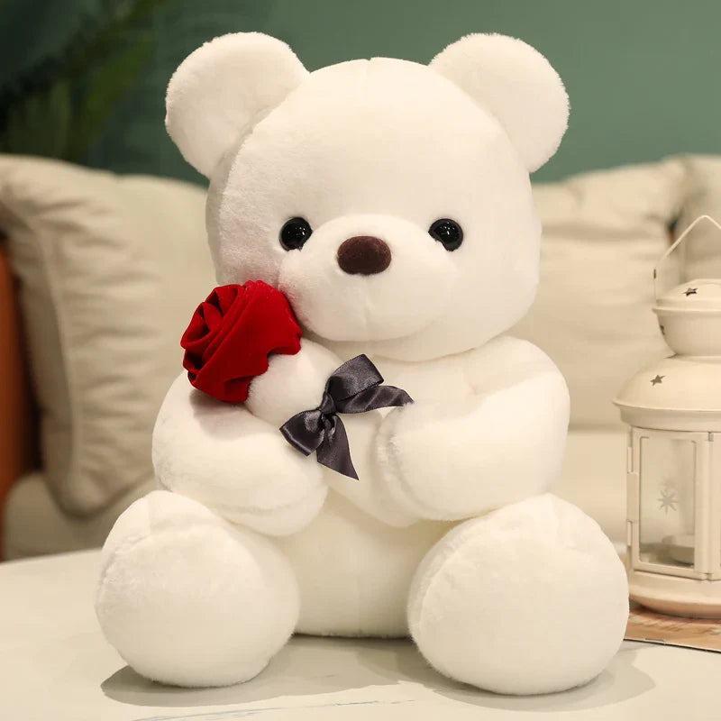Kawaii Plush Bear Holding a Rose – Soft Decorative Gift