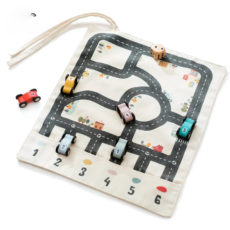 Kids' Portable Road Race Track Set with 6 Wooden Cars and Dice