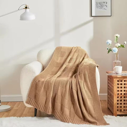 Knitted Throw Blanket with Soft Breathable Texture and Ribbed Edges