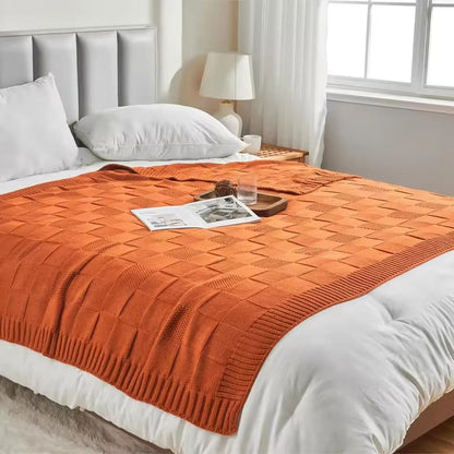 Knitted Throw Blanket with Soft Breathable Texture and Ribbed Edges