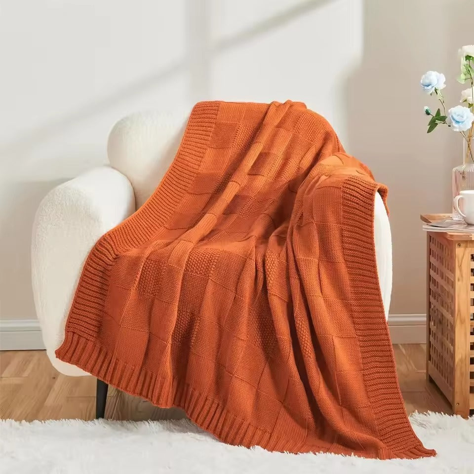 Knitted Throw Blanket with Soft Breathable Texture and Ribbed Edges