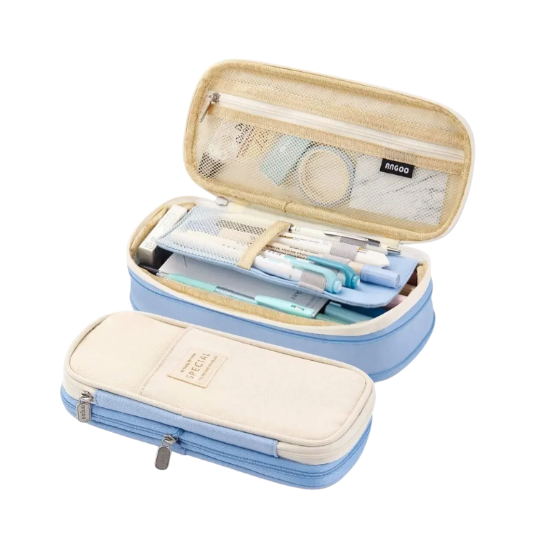 Large Capacity Pencil Pouch with Dual Zippers and Mesh Pocket