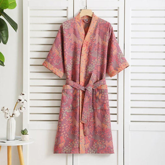 Lightweight Cotton Gauze Bathrobe with Vintage-Inspired Print and Breathable Comfort
