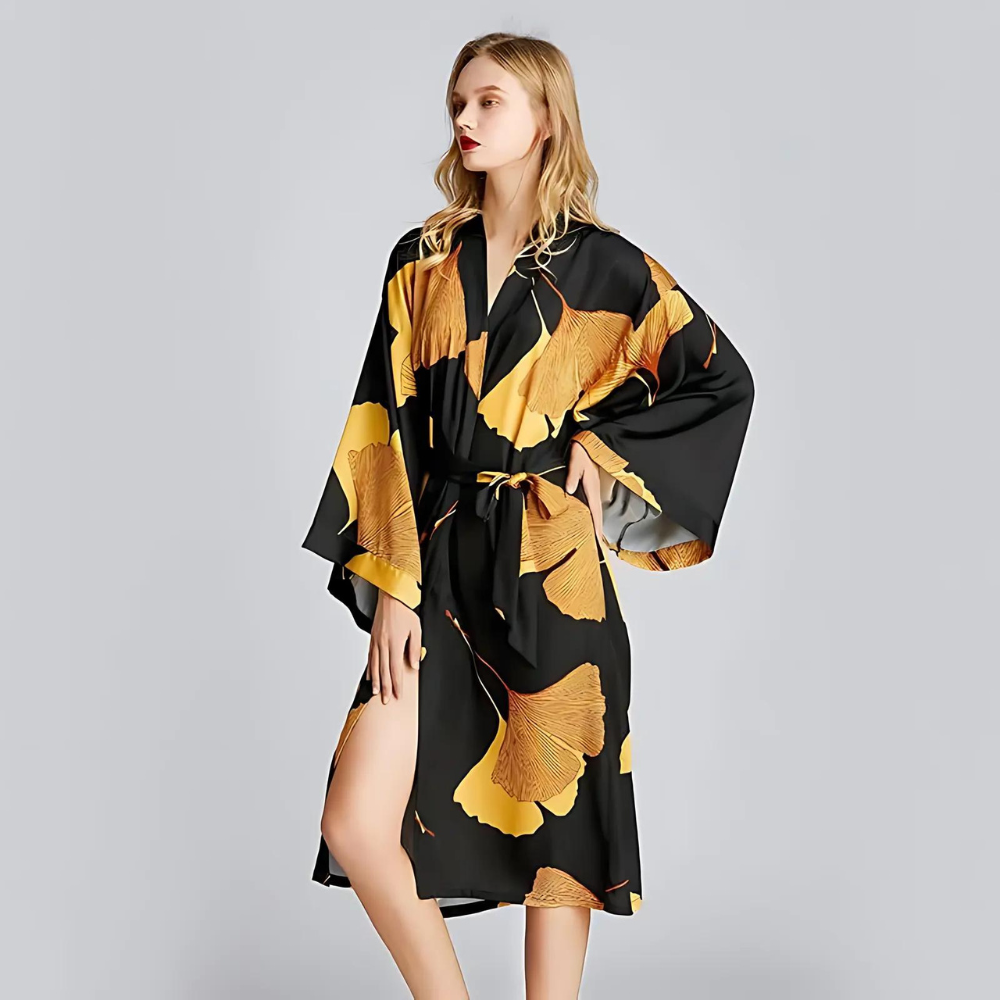 Lightweight Polyester Bathrobe with Ginkgo Print, Gold Accents and Adjustable Waist Belt