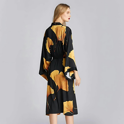 Lightweight Polyester Bathrobe with Ginkgo Print, Gold Accents and Adjustable Waist Belt