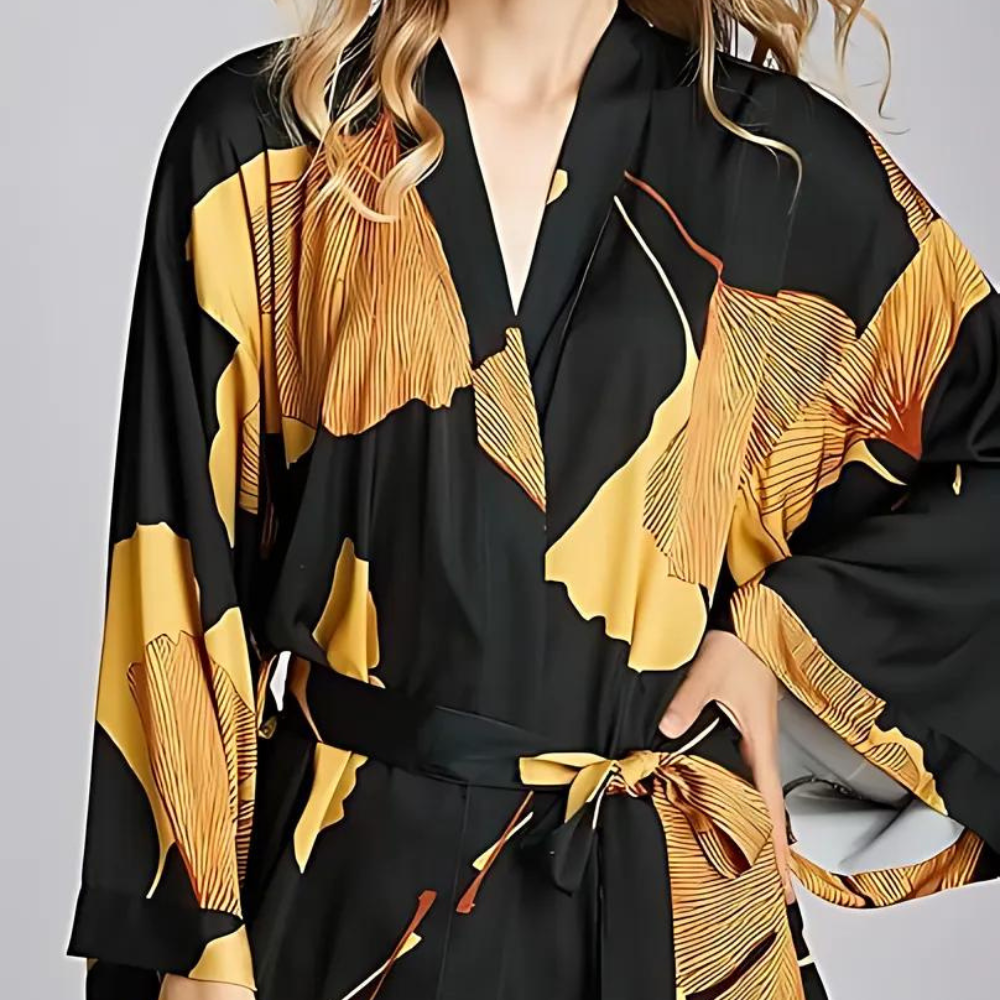 Lightweight Polyester Bathrobe with Ginkgo Print, Gold Accents and Adjustable Waist Belt