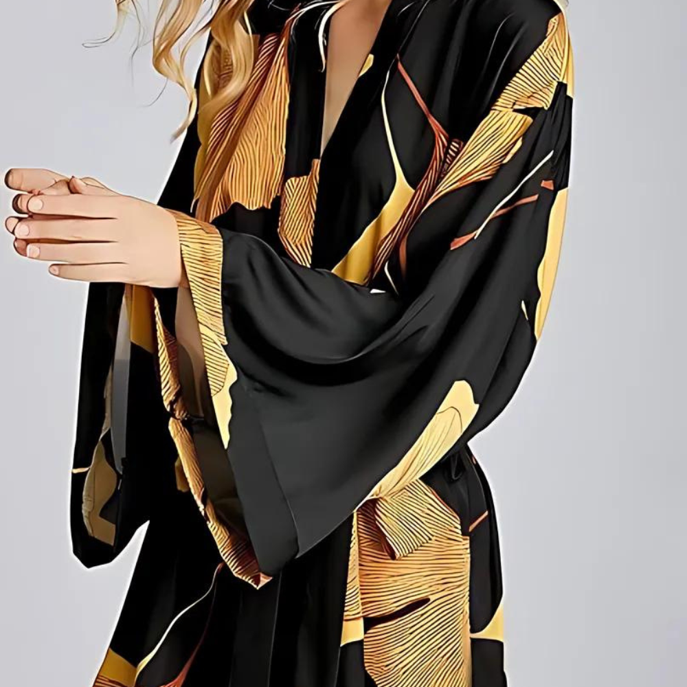Lightweight Polyester Bathrobe with Ginkgo Print, Gold Accents and Adjustable Waist Belt