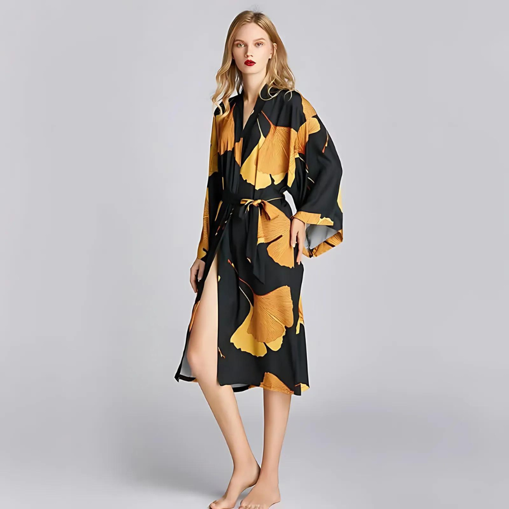 Lightweight Polyester Bathrobe with Ginkgo Print, Gold Accents and Adjustable Waist Belt