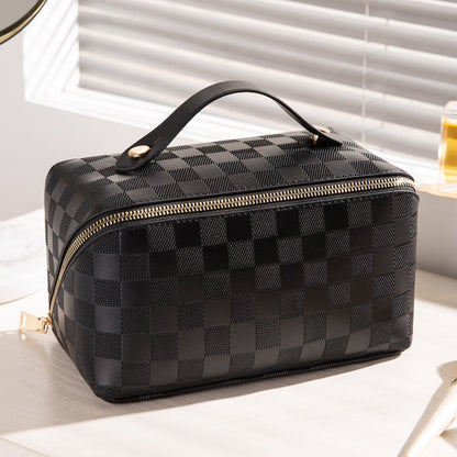 Luxury Checkered Cosmetic Bag with Multiple Compartments