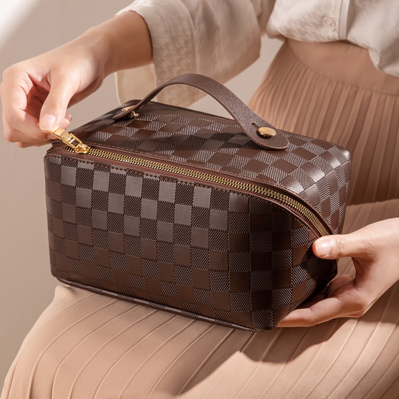 Luxury Checkered Cosmetic Bag with Multiple Compartments