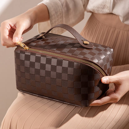 Luxury Checkered Cosmetic Bag with Multiple Compartments