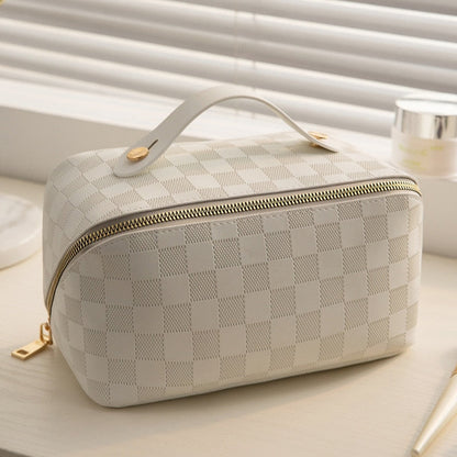 Luxury Checkered Cosmetic Bag with Multiple Compartments