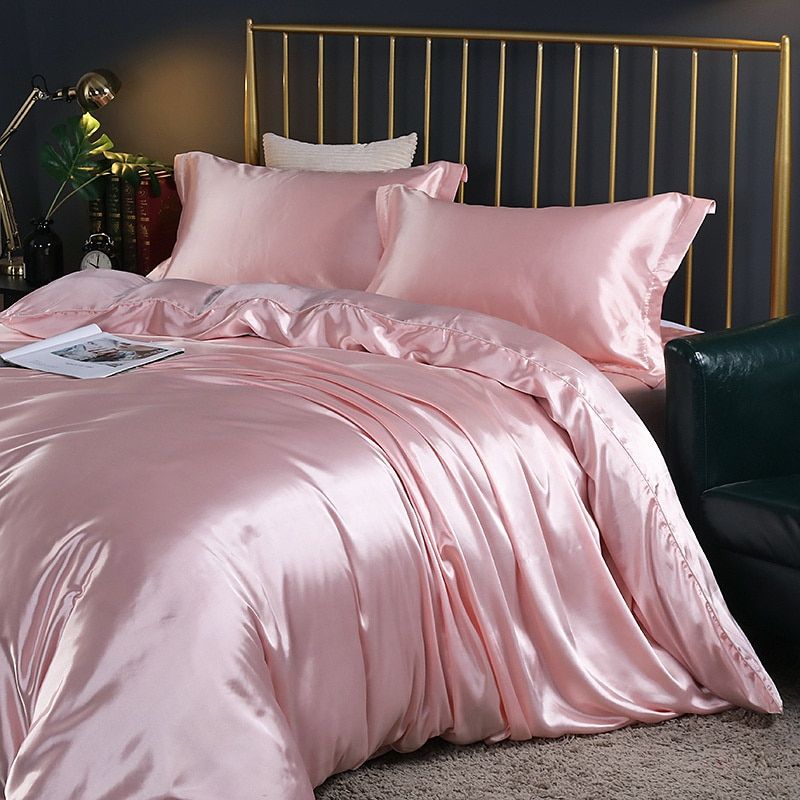 Luxury Satin Silk Bedding Set with Duvet Cover, Fitted Sheet and Pillowcases