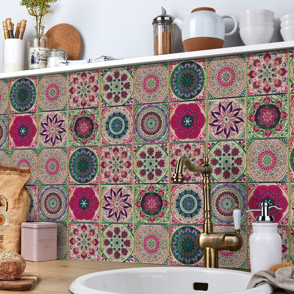 24 Piece Mandala Peel and Stick Vinyl Tile Set European Decorative Wall Backsplash