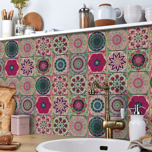 24 Piece Mandala Peel and Stick Vinyl Tile Set European Decorative Wall Backsplash